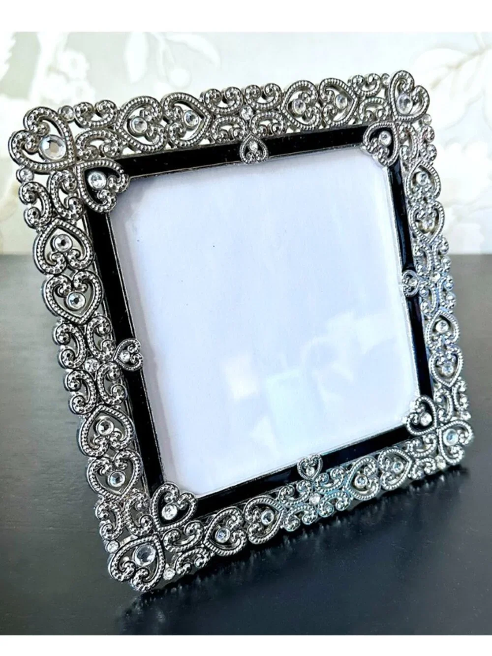 Vintage Two's Company Jeweled Filigree Heart Picture Frame Black Enamel Square